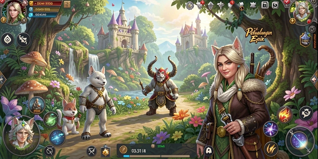 Tampilan gameplay DEWI5000 yang menakjubkan dengan karakter dan monster fantastis.