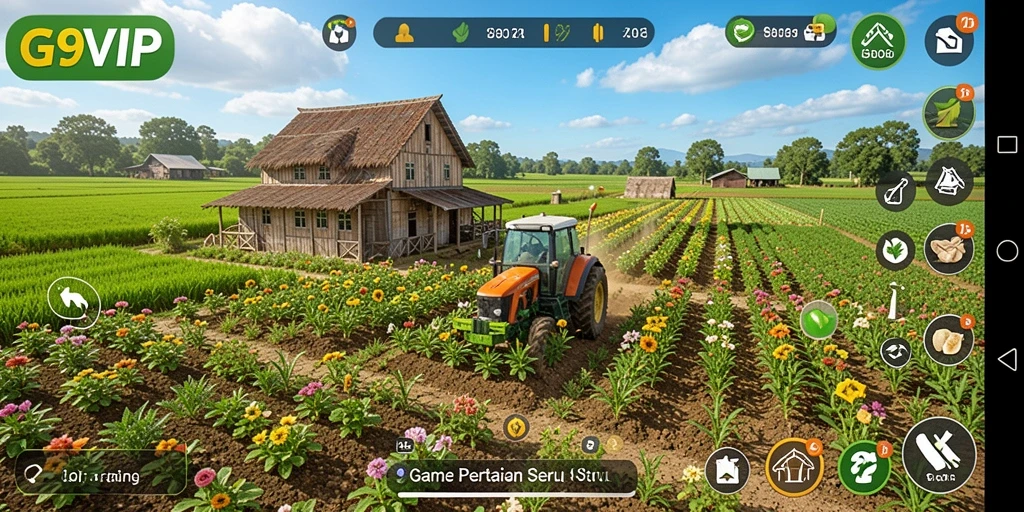 Tampilan gameplay menarik dari G9VIP yang menggambarkan aktivitas bertani.