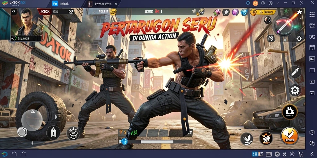 Screenshot menunjukkan karakter bertarung dengan efek visual yang dinamis.