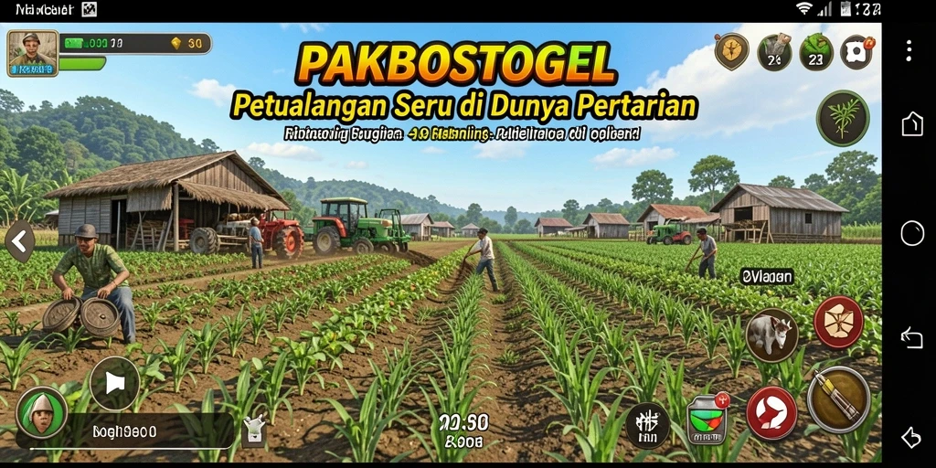 Screenshot utama PAKBOSTOGEL menunjukkan petualangan seru bertani.