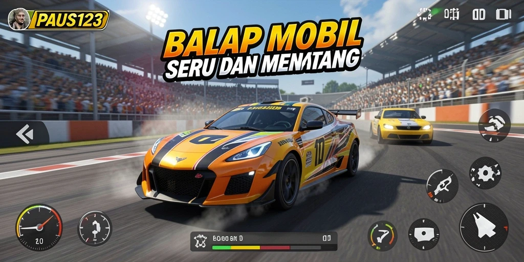 Screenshot PAUS123 menunjukkan aksi balap yang mendebarkan dan mobil cepat.