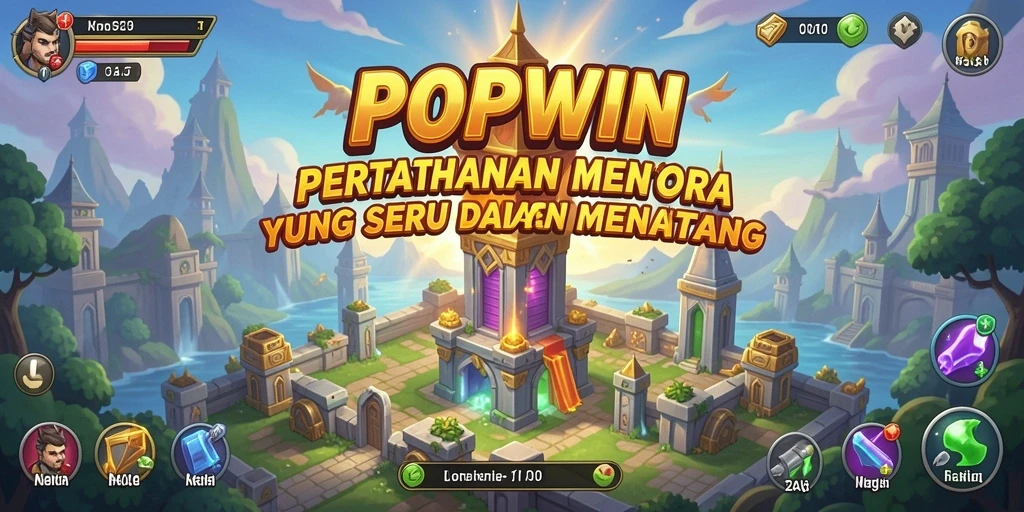 Tangkapan layar utama dari gameplay POPWIN menampilkan pertarungan seru di Tower Defense.
