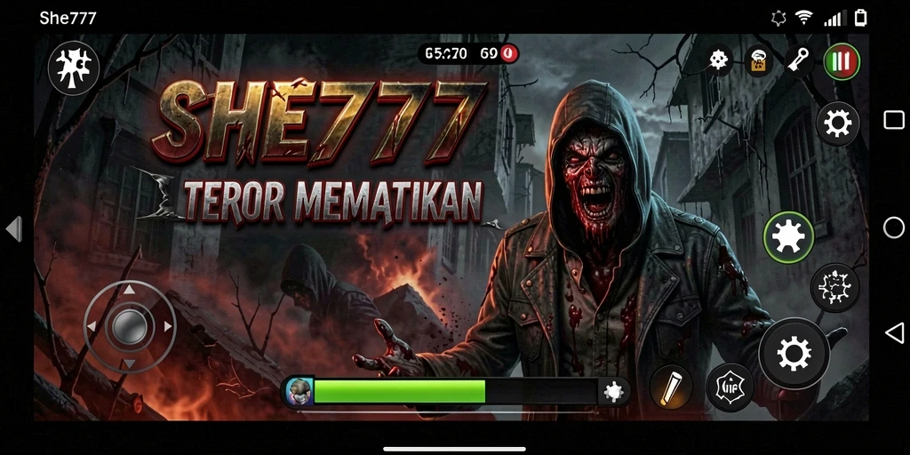 Screenshot gameplay utama SHE777 dengan nuansa menyeramkan.