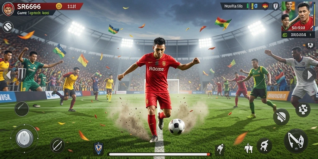Tangkapan layar SR6666 menampilkan aksi seru di lapangan sepak bola.