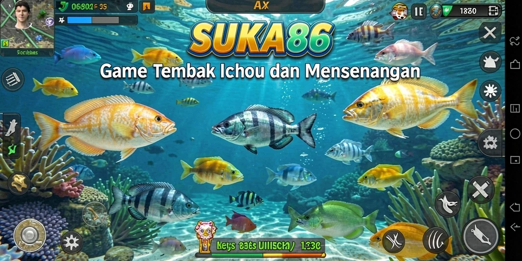 Tangkapan layar utama gameplay SUKA86 yang menampilkan aksi menembak ikan.