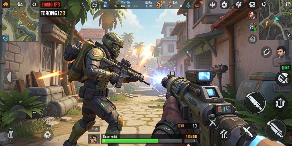Tampilan gameplay intens dalam pertempuran TPS yang seru.