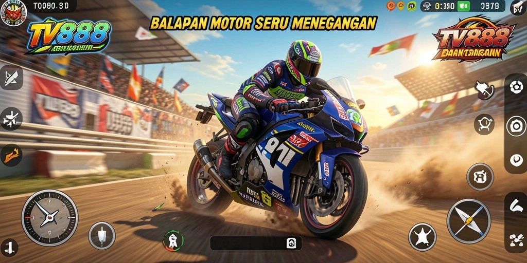 Tangkapan layar gameplay TV888 dengan aksi balapan motor yang mendebarkan.
